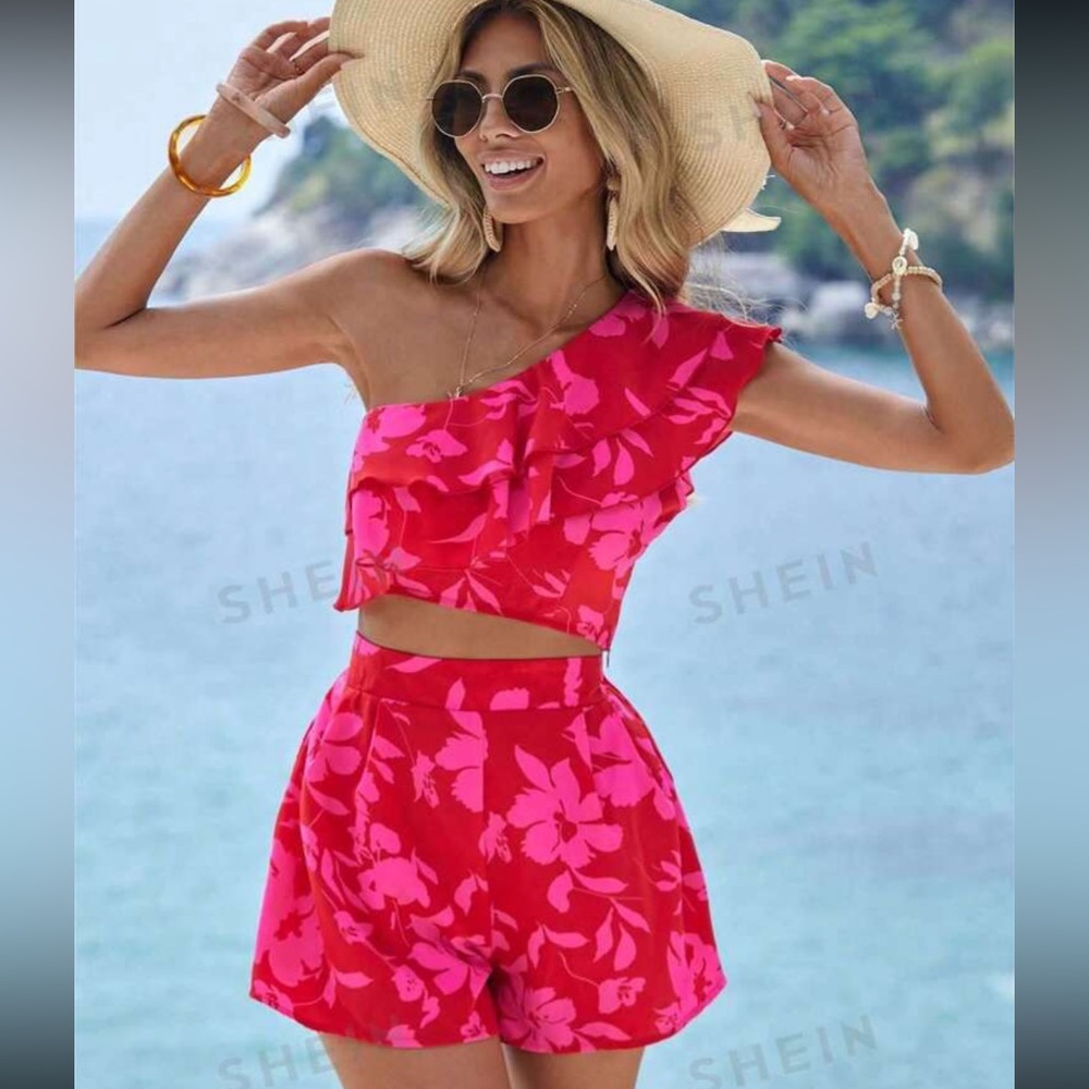 One shoulder Tropical top & shorts set ~ Medium/Large